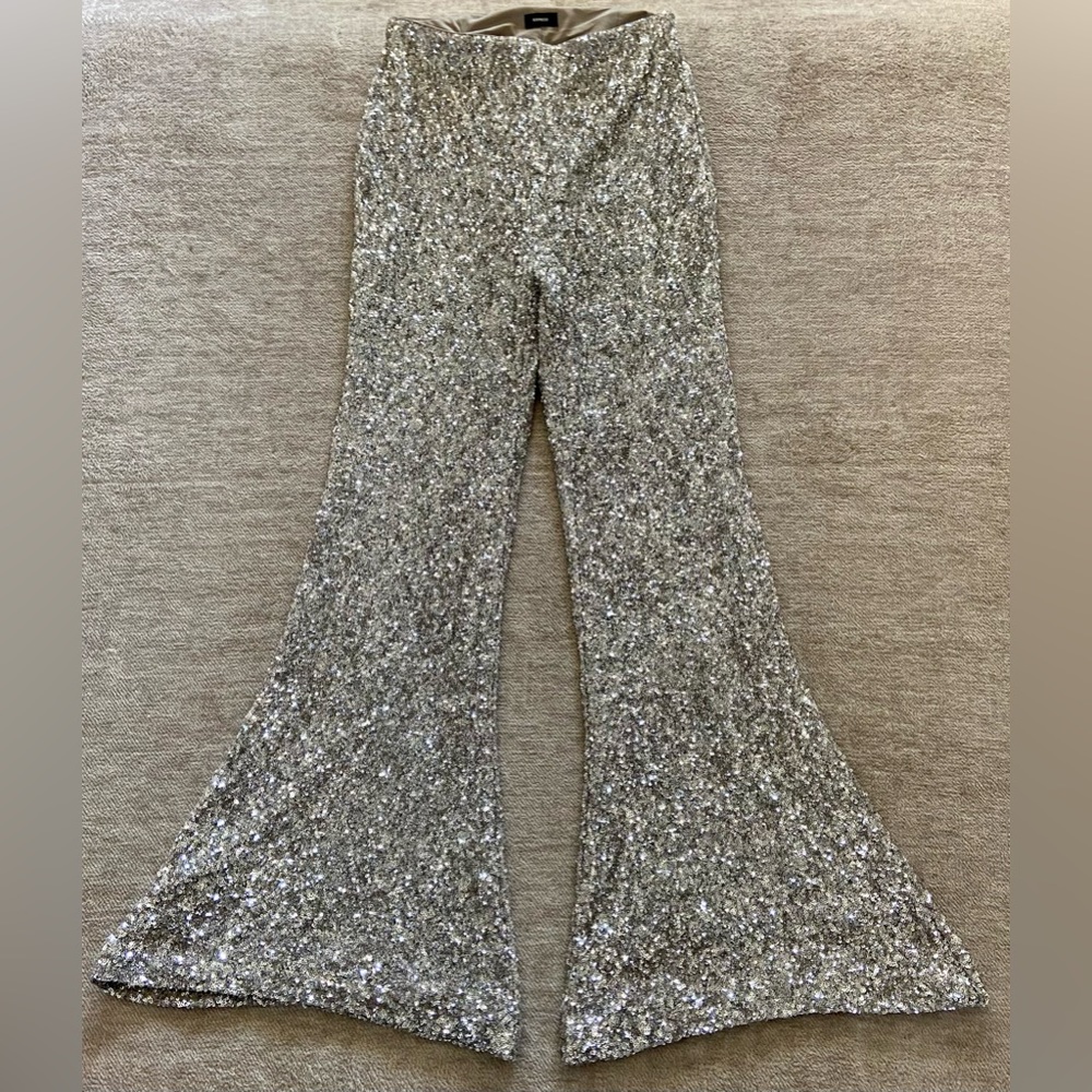 Express silver sequin super high rise flare pants